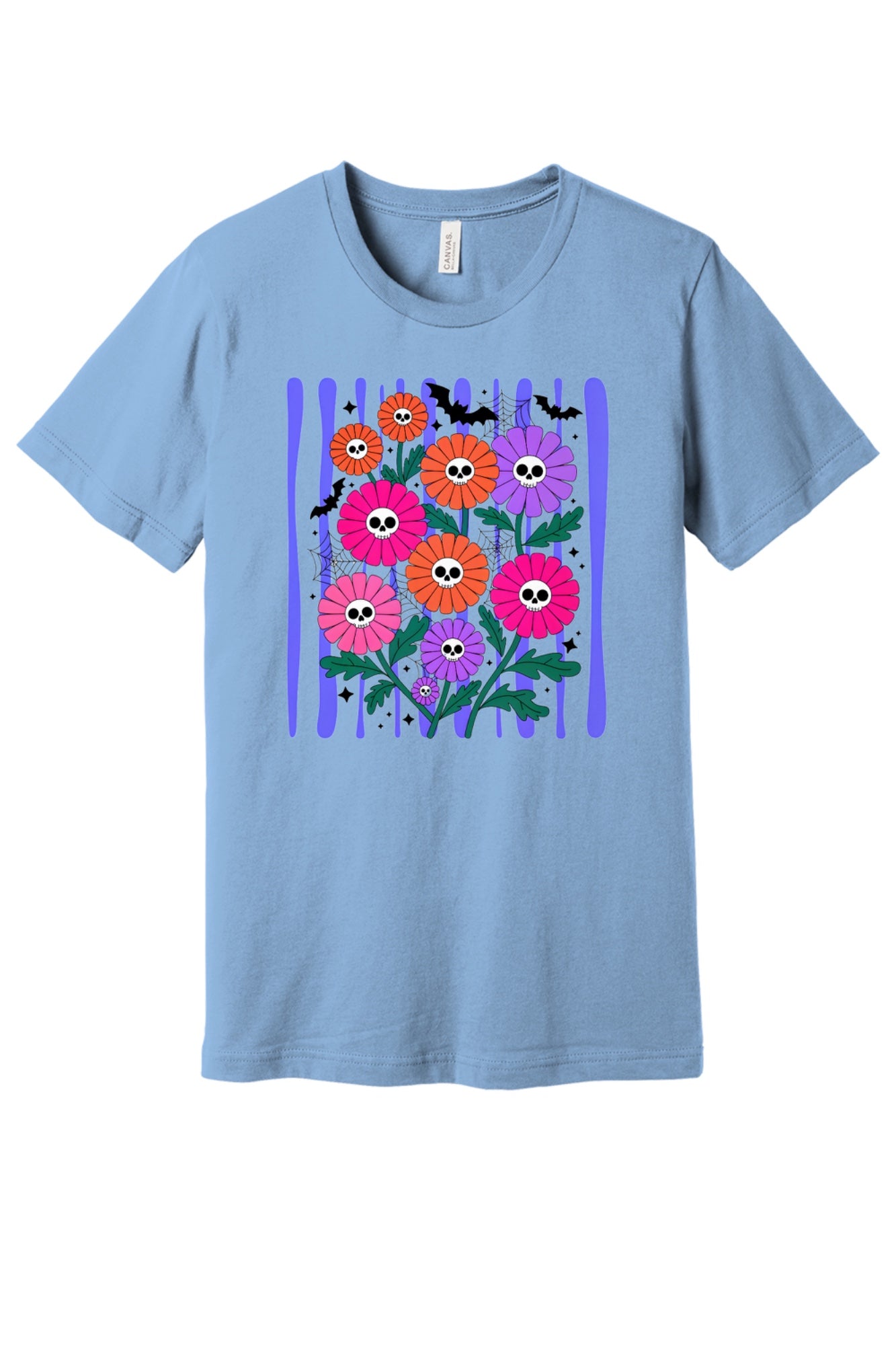 Skull gerbera daisy bouquet with bats and spider webs Halloween graphic tee in orange pink and purple in Baby Blue