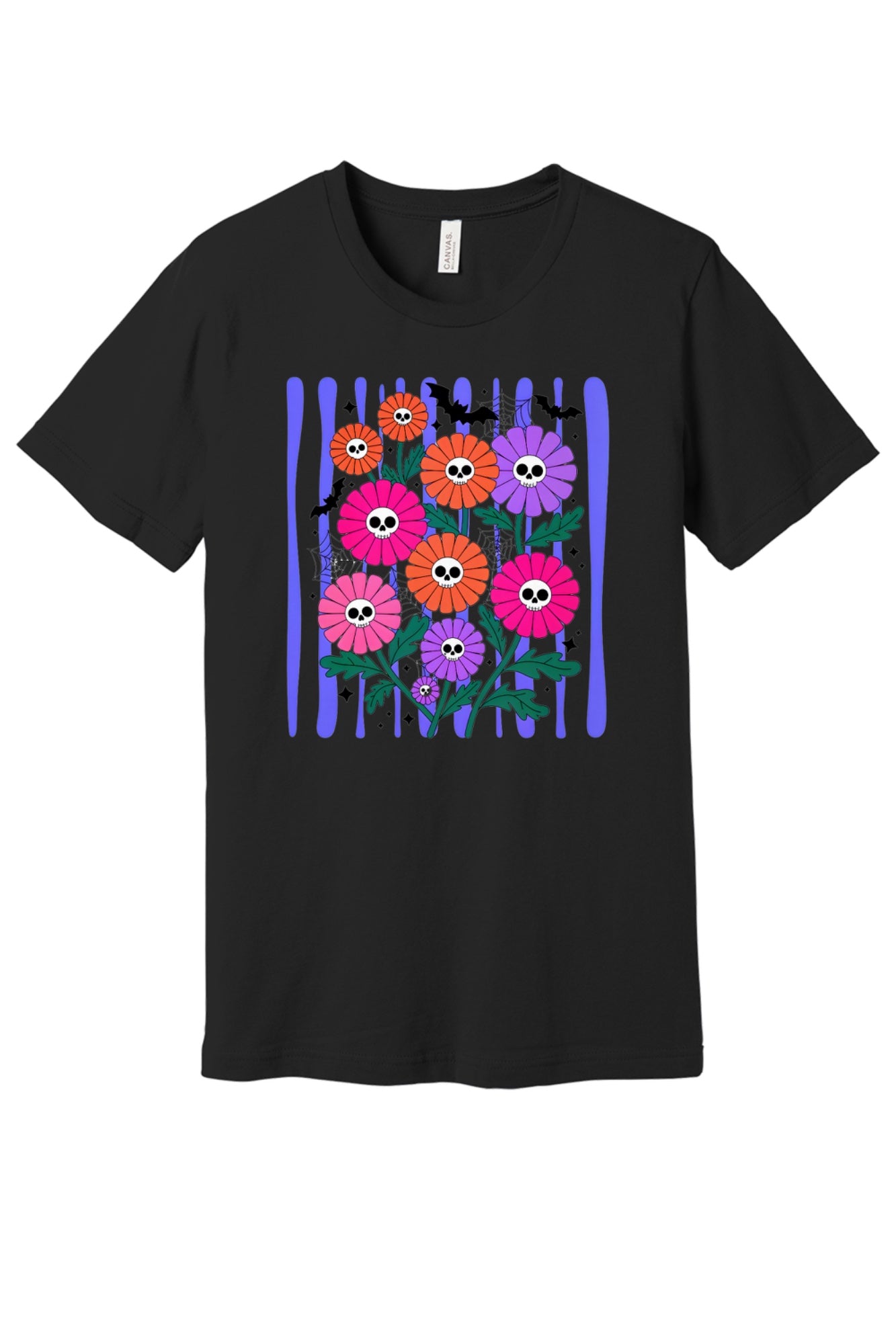 Skull gerbera daisy bouquet with bats and spider webs Halloween graphic tee in orange pink and purple in Black