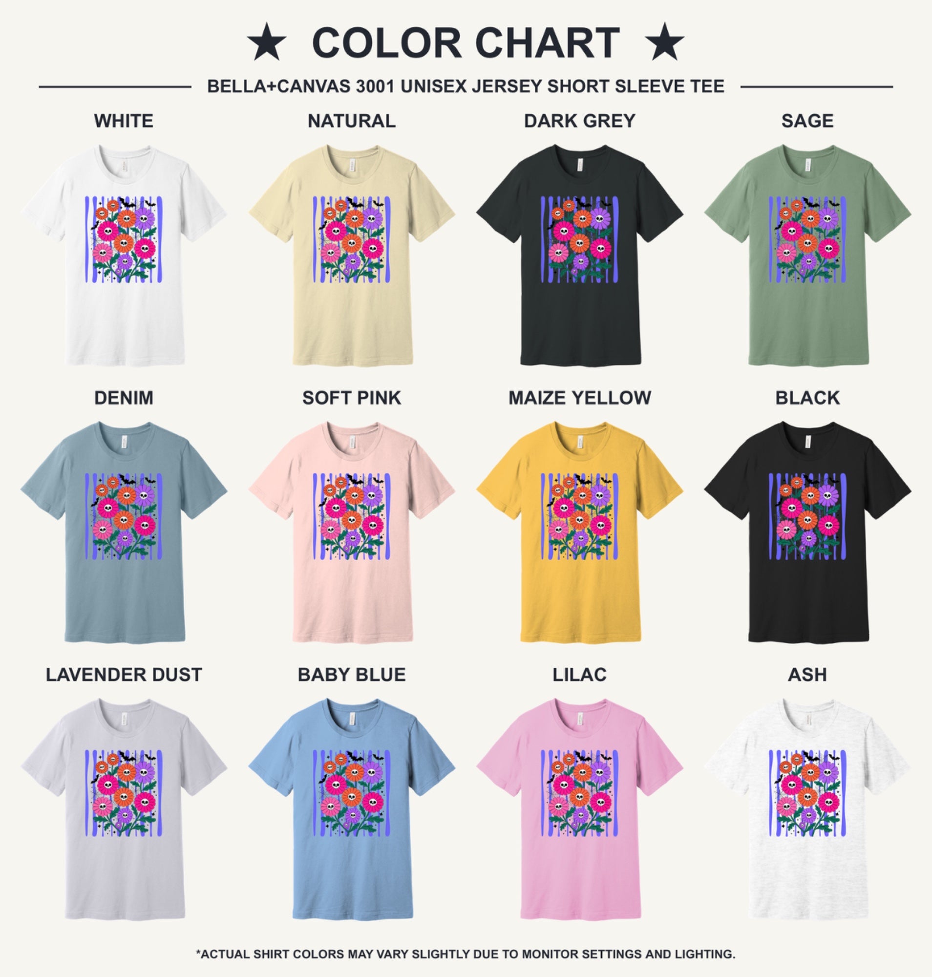 Skull gerbera daisy bouquet with bats and spider webs Halloween graphic tee in orange pink and purple - available shirt colors chart
