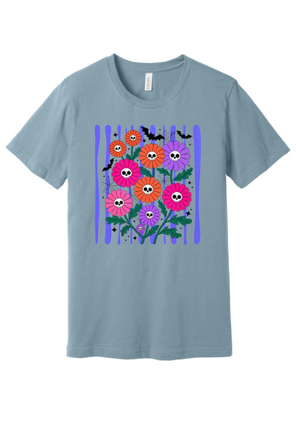 Skull gerbera daisy bouquet with bats and spider webs Halloween graphic tee in orange pink and purple in Denim