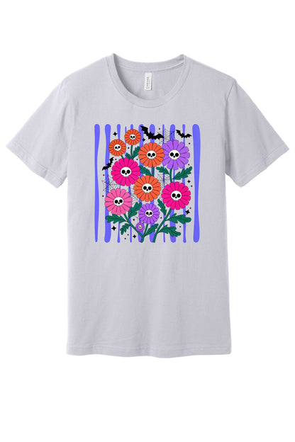 Skull gerbera daisy bouquet with bats and spider webs Halloween graphic tee in orange pink and purple in Lavender Dust