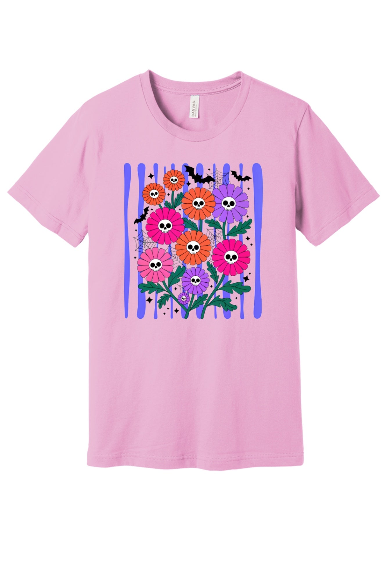 Skull gerbera daisy bouquet with bats and spider webs Halloween graphic tee in orange pink and purple in Lilac