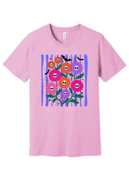 Skull gerbera daisy bouquet with bats and spider webs Halloween graphic tee in orange pink and purple in Lilac