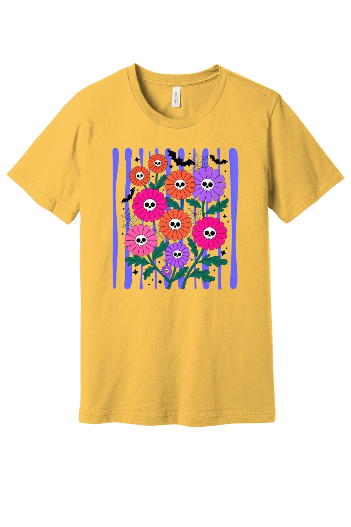 Skull gerbera daisy bouquet with bats and spider webs Halloween graphic tee in orange pink and purple in Maize Yellow