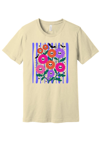 Skull gerbera daisy bouquet with bats and spider webs Halloween graphic tee in orange pink and purple in Natural