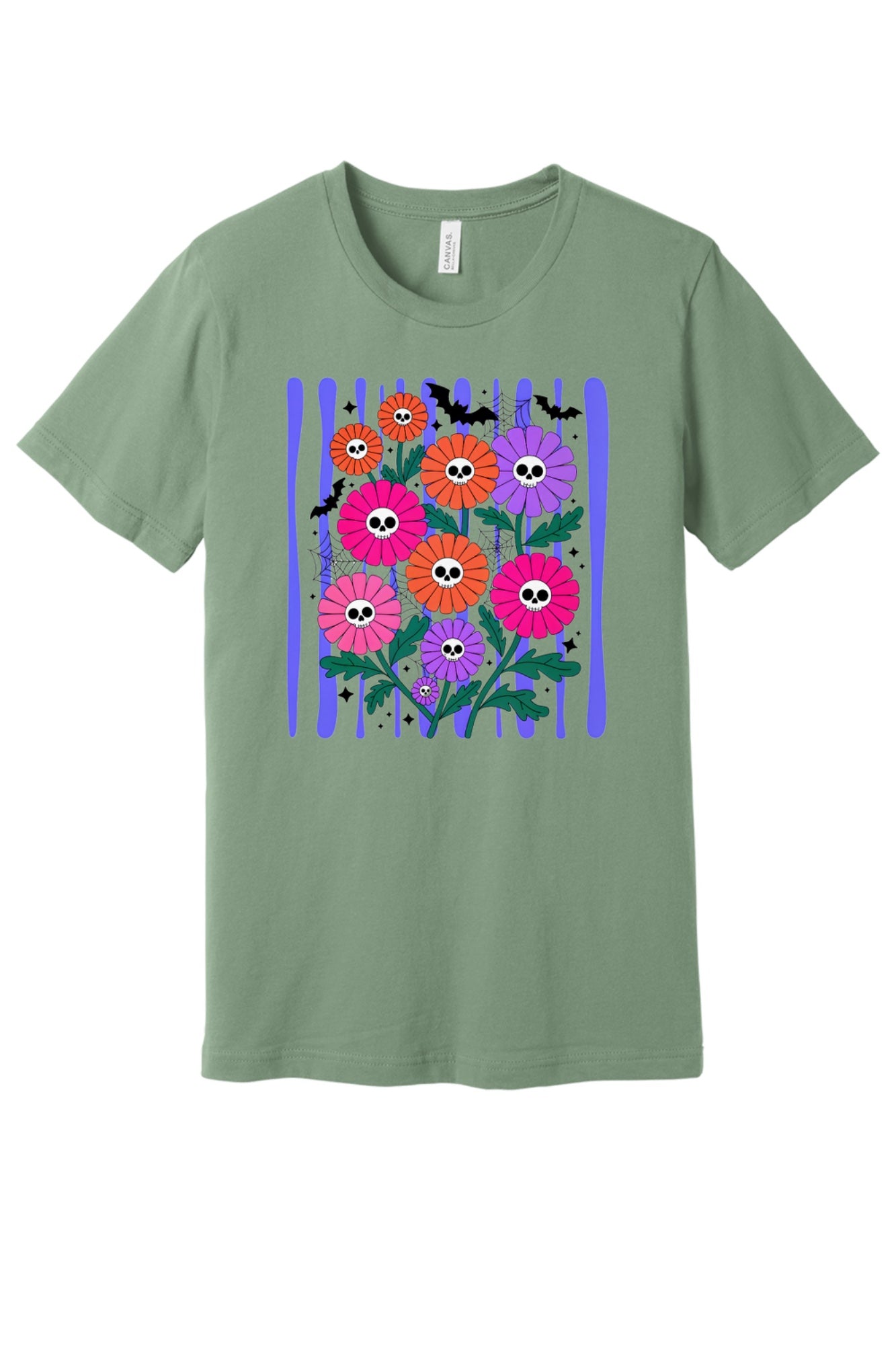 Skull gerbera daisy bouquet with bats and spider webs Halloween graphic tee in orange pink and purple in Sage