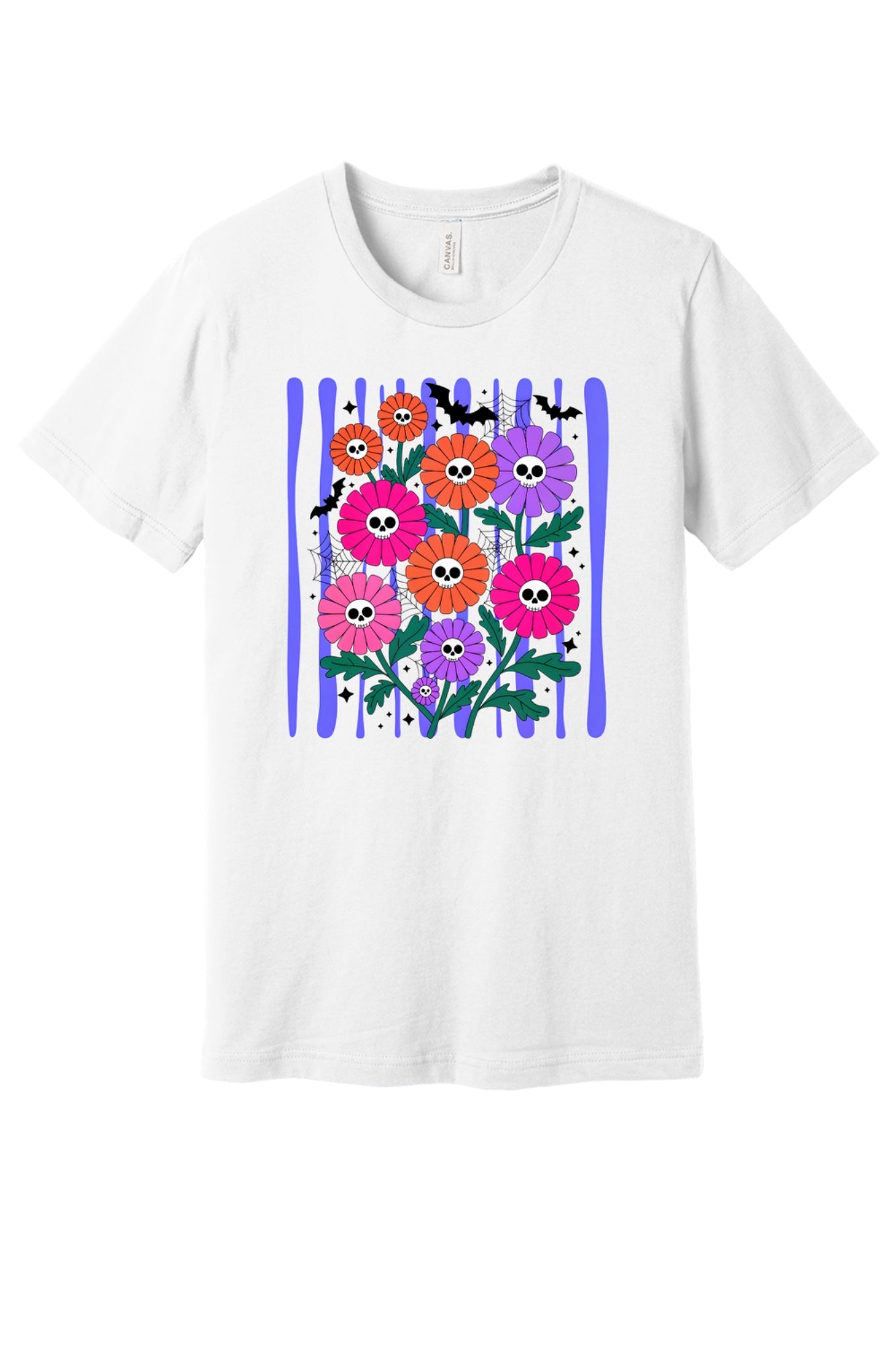 Skull gerbera daisy bouquet with bats and spider webs Halloween graphic tee in orange pink and purple in White