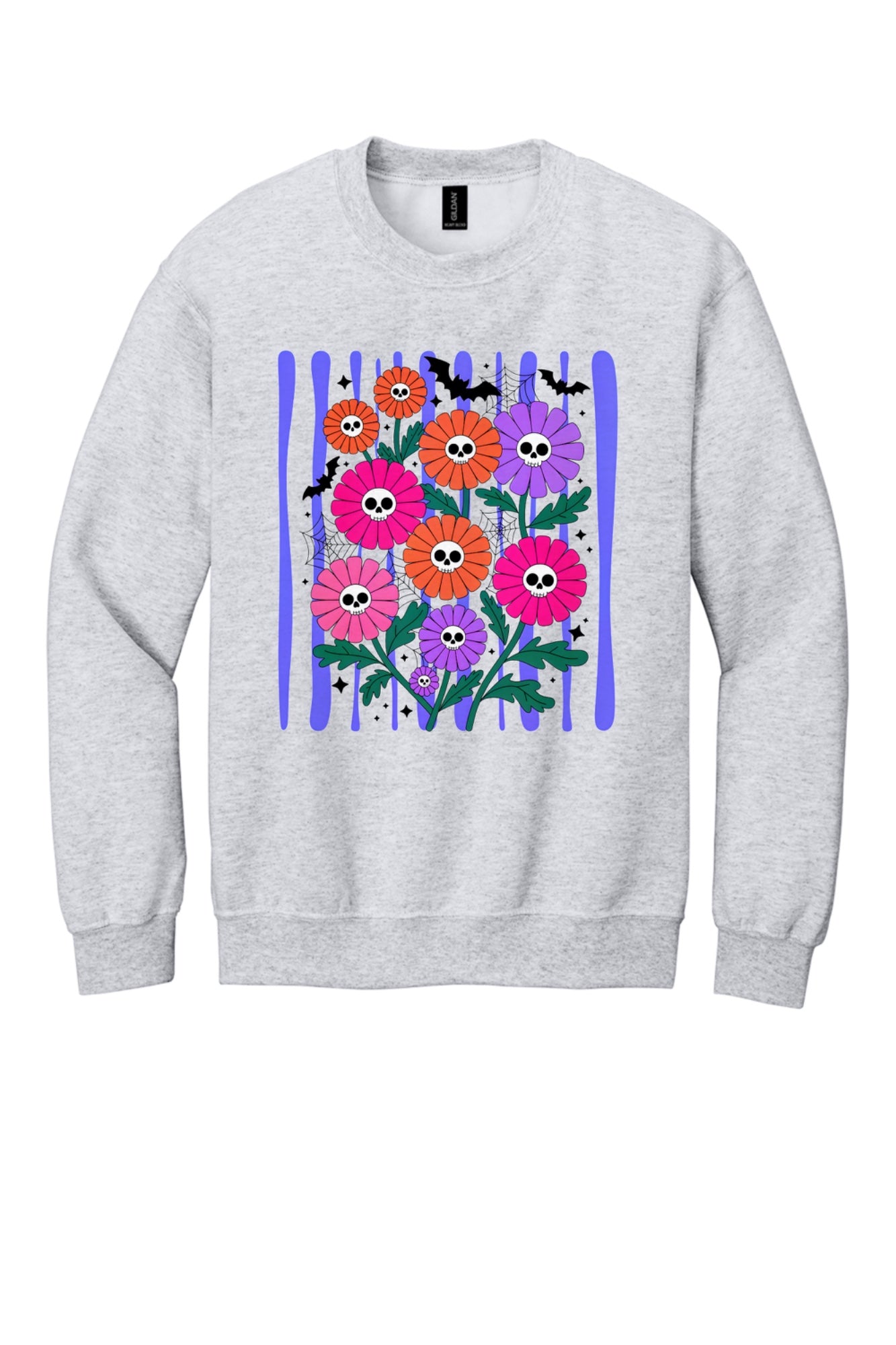 Gildan crewneck sweatshirt with printed Halloween skull daisy bouquet, bats and spider webs in orange pink purple in Ash