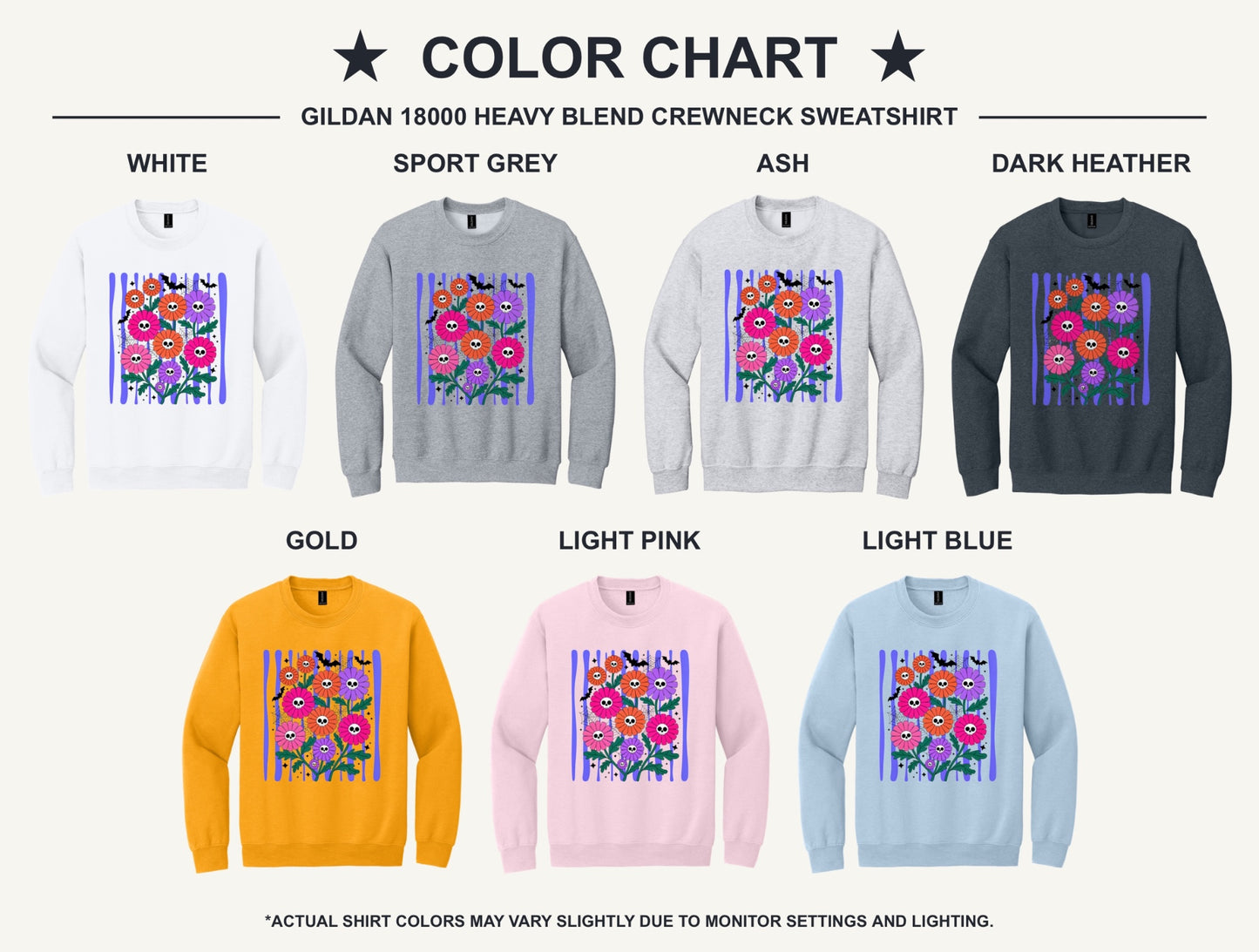 Gildan crewneck sweatshirt with printed Halloween skull daisy bouquet, bats and spider webs in orange pink purple - available shirt colors chart