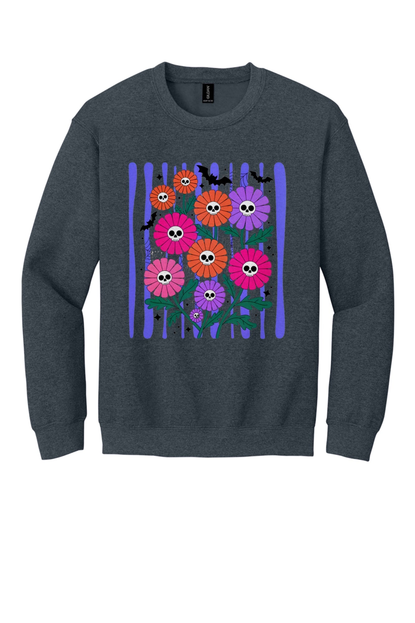 Gildan crewneck sweatshirt with printed Halloween skull daisy bouquet, bats and spider webs in orange pink purple in Dark Heather