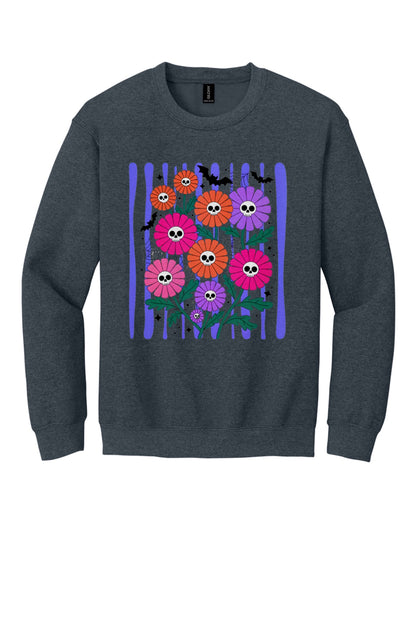 Gildan crewneck sweatshirt with printed Halloween skull daisy bouquet, bats and spider webs in orange pink purple in Dark Heather