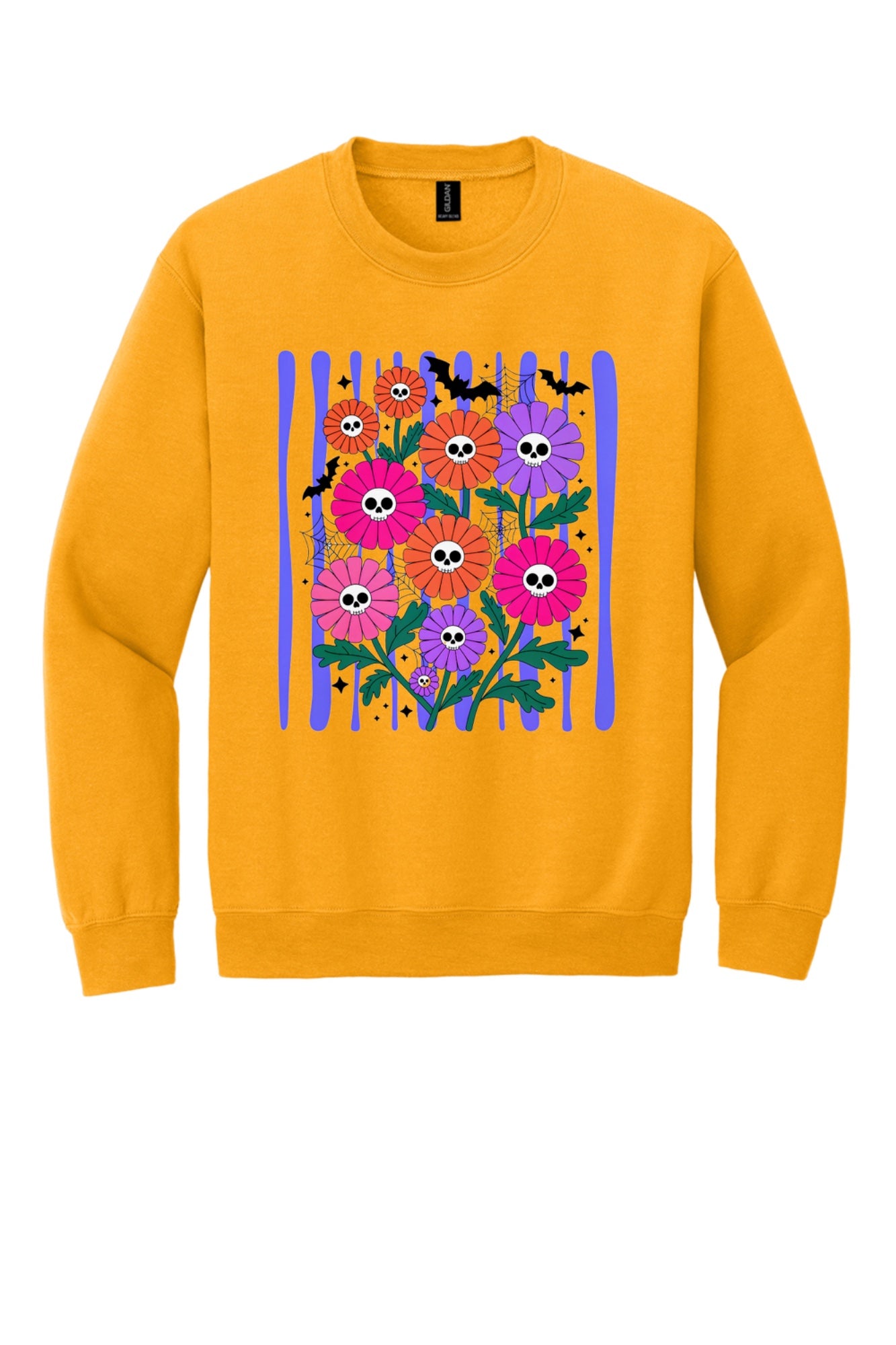Gildan crewneck sweatshirt with printed Halloween skull daisy bouquet, bats and spider webs in orange pink purple in Gold