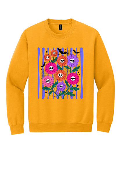 Gildan crewneck sweatshirt with printed Halloween skull daisy bouquet, bats and spider webs in orange pink purple in Gold