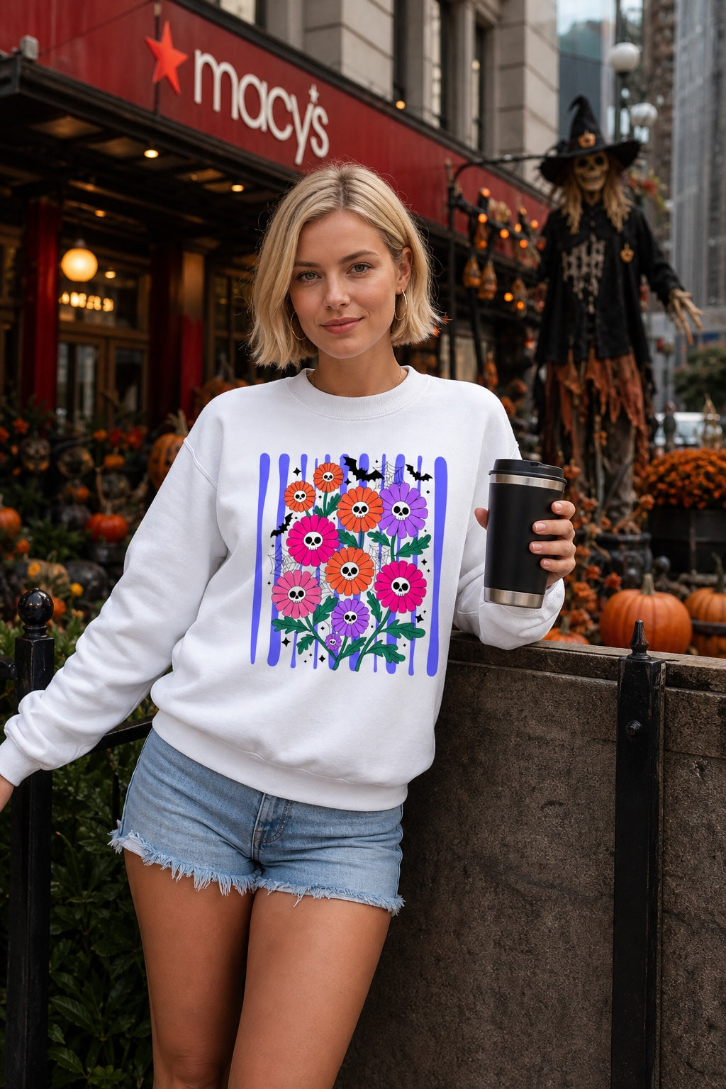 Gildan crewneck sweatshirt with printed Halloween skull daisy bouquet, bats and spider webs in orange pink purple worn by a model