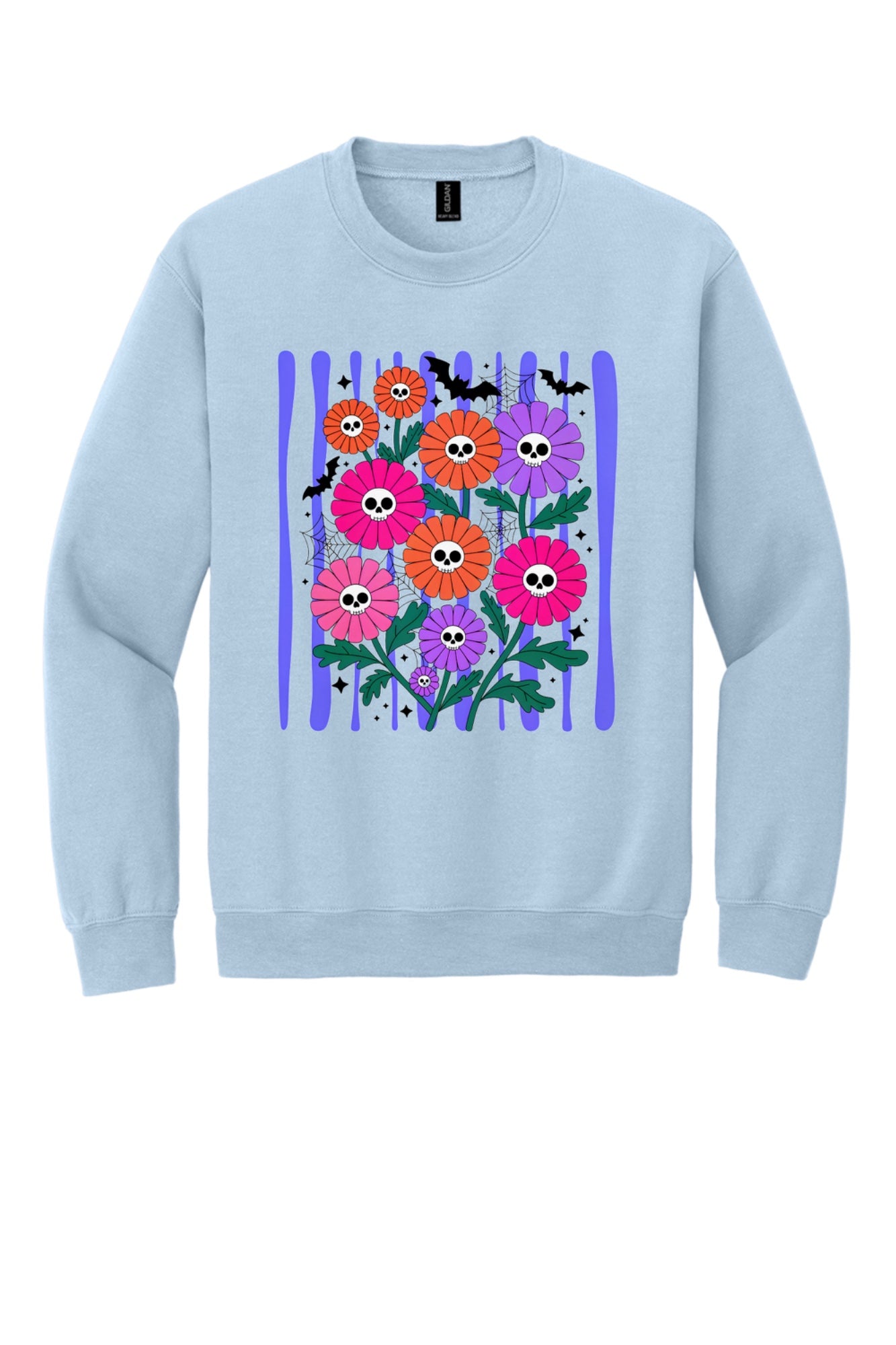 Gildan crewneck sweatshirt with printed Halloween skull daisy bouquet, bats and spider webs in orange pink purple in Light Blue