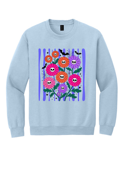 Gildan crewneck sweatshirt with printed Halloween skull daisy bouquet, bats and spider webs in orange pink purple in Light Blue