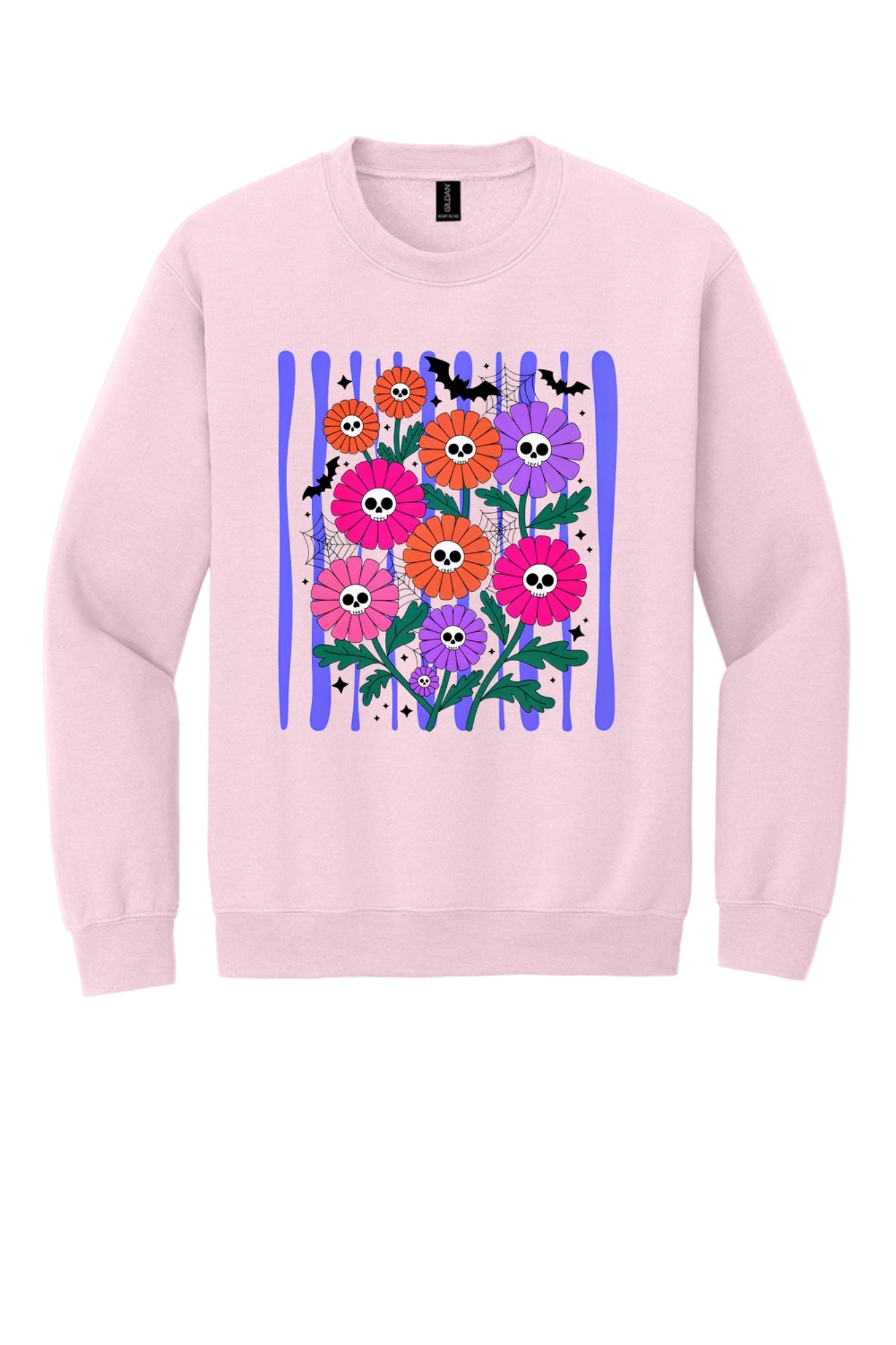 Gildan crewneck sweatshirt with printed Halloween skull daisy bouquet, bats and spider webs in orange pink purple in Light Pink