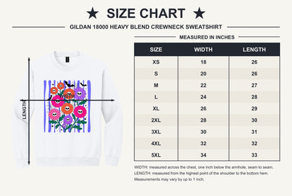 Gildan crewneck sweatshirt with printed Halloween skull daisy bouquet, bats and spider webs in orange pink purple - size chart
