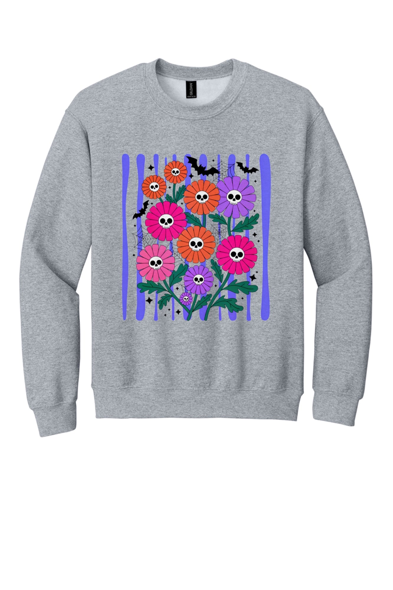 Gildan crewneck sweatshirt with printed Halloween skull daisy bouquet, bats and spider webs in orange pink purple in Sport Grey