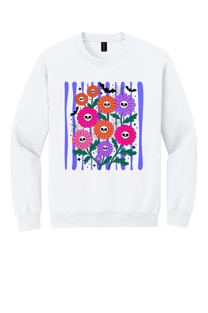 Gildan crewneck sweatshirt with printed Halloween skull daisy bouquet, bats and spider webs in orange pink purple in White