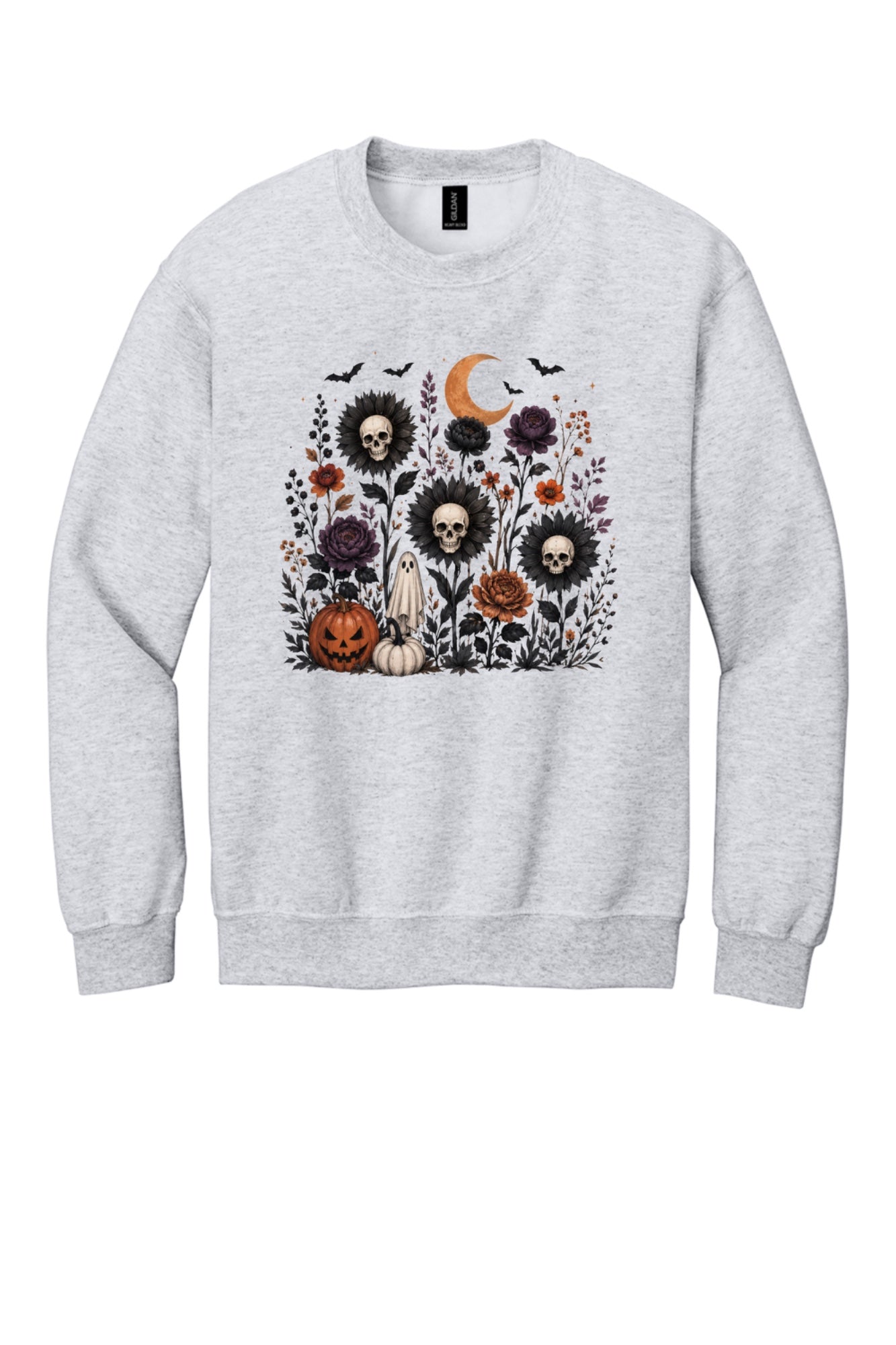 Halloween skull sunflower gothic floral ghost pumpkin DTF printed crewneck sweatshirt in Ash