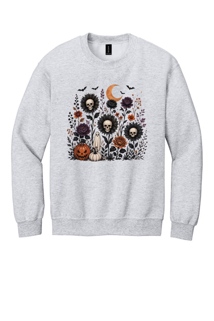 Halloween skull sunflower gothic floral ghost pumpkin DTF printed crewneck sweatshirt in Ash