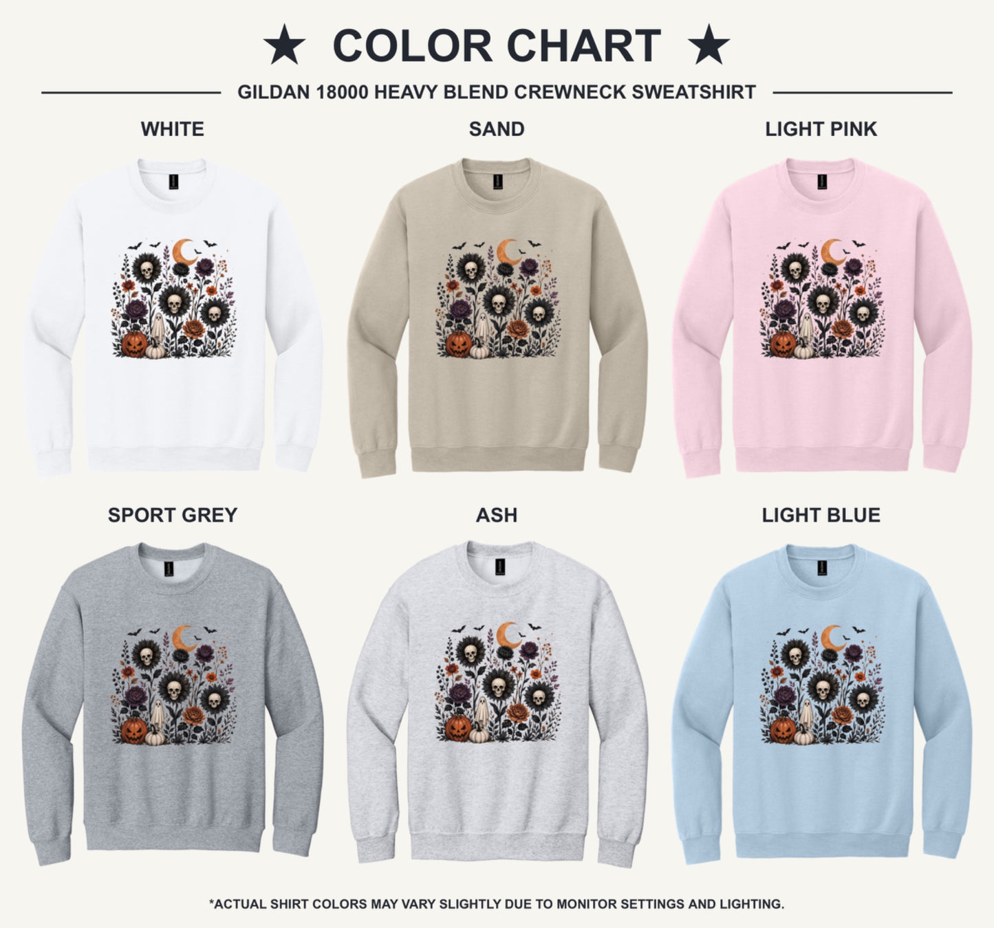 Halloween skull sunflower gothic floral ghost pumpkin DTF printed crewneck sweatshirt - available shirt colors chart