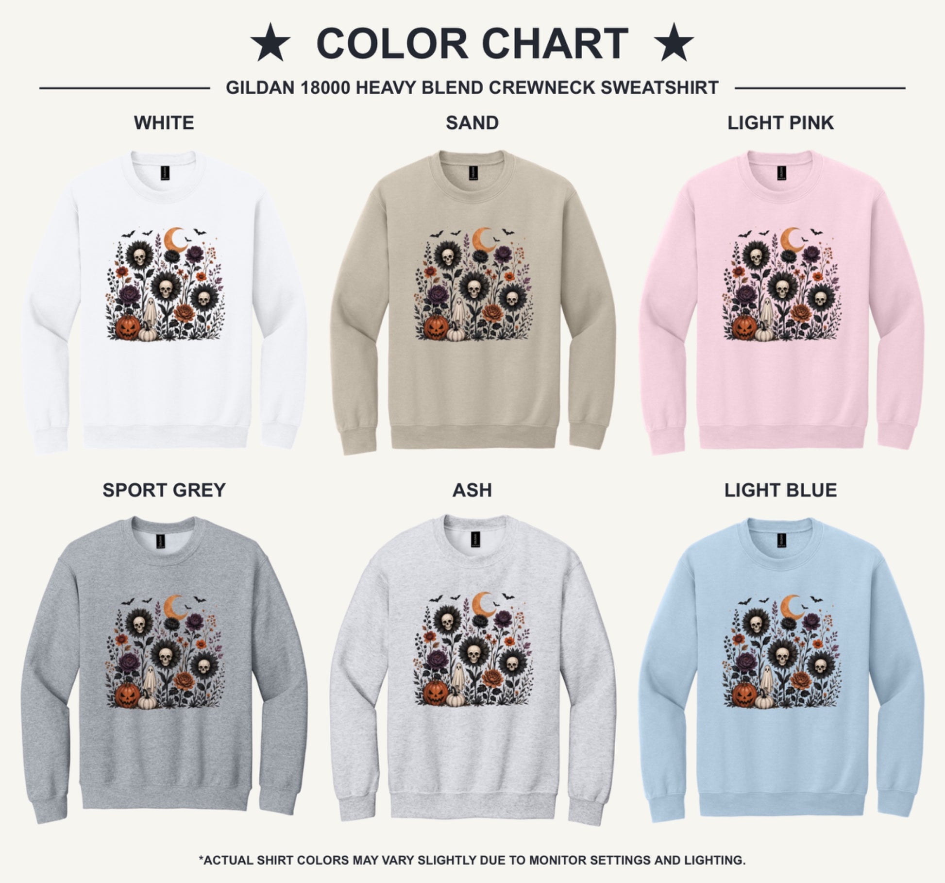 Halloween skull sunflower gothic floral ghost pumpkin DTF printed crewneck sweatshirt - available shirt colors chart