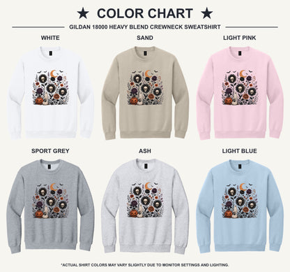 Halloween skull sunflower gothic floral ghost pumpkin DTF printed crewneck sweatshirt - available shirt colors chart