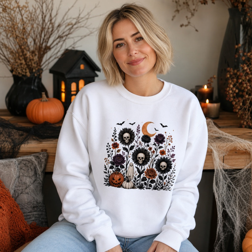 Halloween skull sunflower gothic floral ghost pumpkin DTF printed crewneck sweatshirt, worn by a model