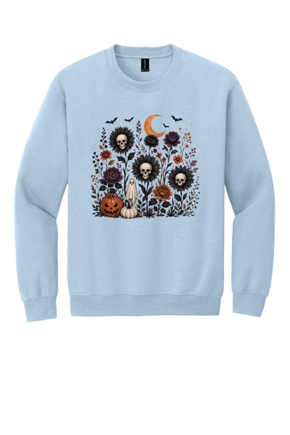 Halloween skull sunflower gothic floral ghost pumpkin DTF printed crewneck sweatshirt in Light Blue