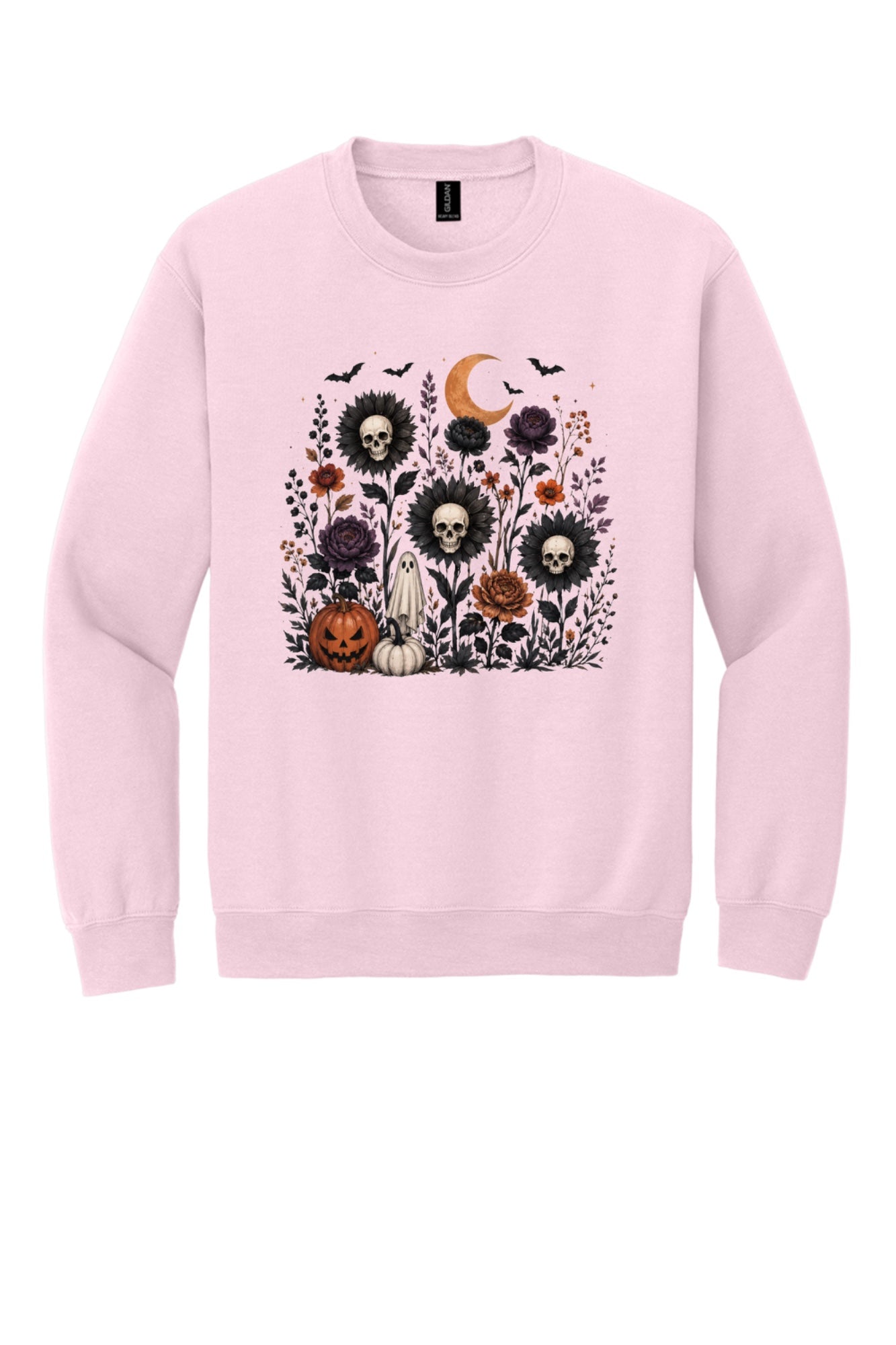 Halloween skull sunflower gothic floral ghost pumpkin DTF printed crewneck sweatshirt in Light Pink