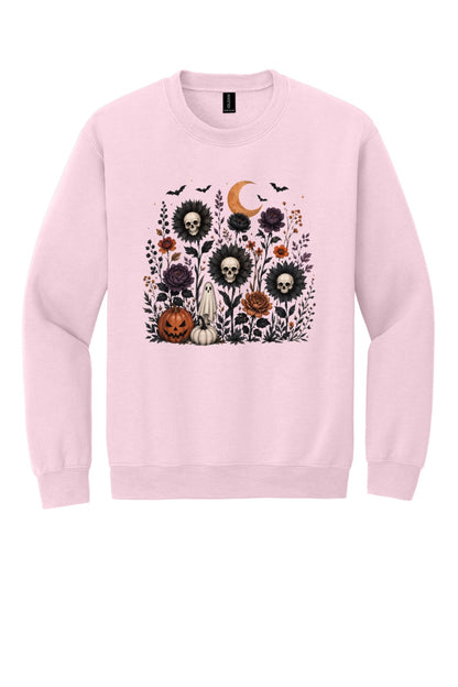 Halloween skull sunflower gothic floral ghost pumpkin DTF printed crewneck sweatshirt in Light Pink