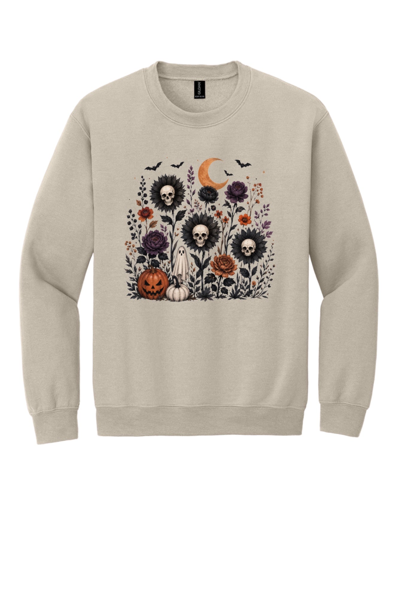 Halloween skull sunflower gothic floral ghost pumpkin DTF printed crewneck sweatshirt in Sand