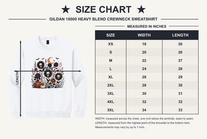 Halloween skull sunflower gothic floral ghost pumpkin DTF printed crewneck sweatshirt - size chart