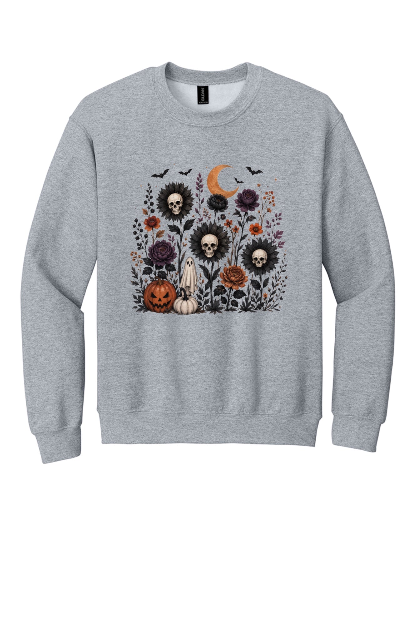 Halloween skull sunflower gothic floral ghost pumpkin DTF printed crewneck sweatshirt in Sport Grey