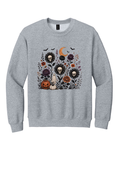 Halloween skull sunflower gothic floral ghost pumpkin DTF printed crewneck sweatshirt in Sport Grey