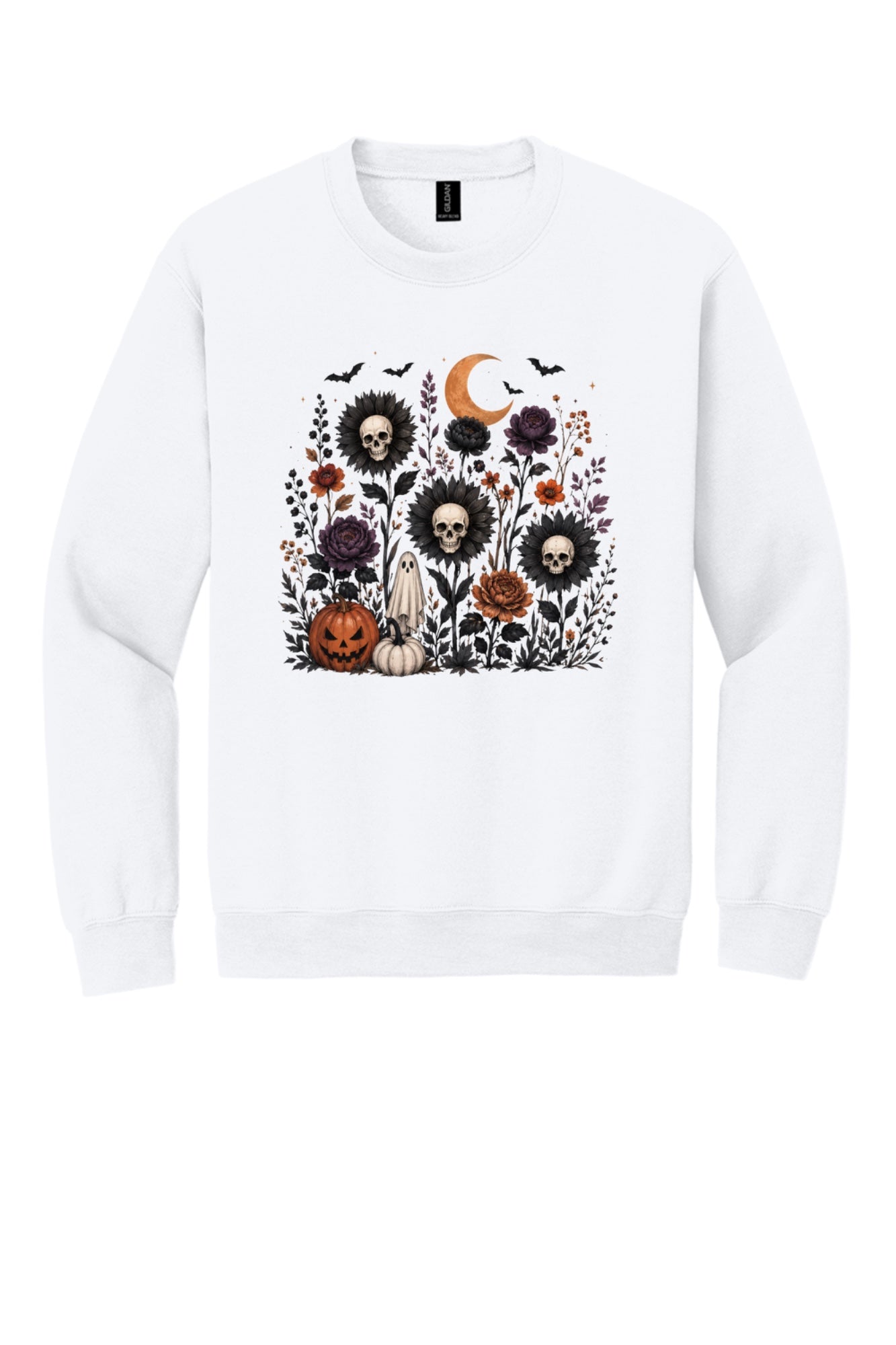 Halloween skull sunflower gothic floral ghost pumpkin DTF printed crewneck sweatshirt in White
