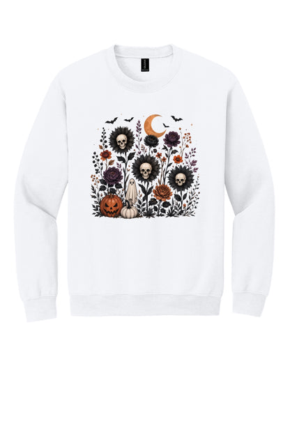 Halloween skull sunflower gothic floral ghost pumpkin DTF printed crewneck sweatshirt in White