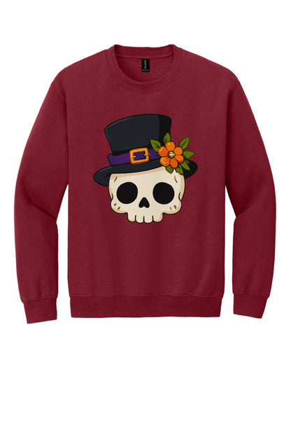 Halloween skull in black top hat with orange marigold printed on a Gildan crewneck sweatshirt in Cardinal Red