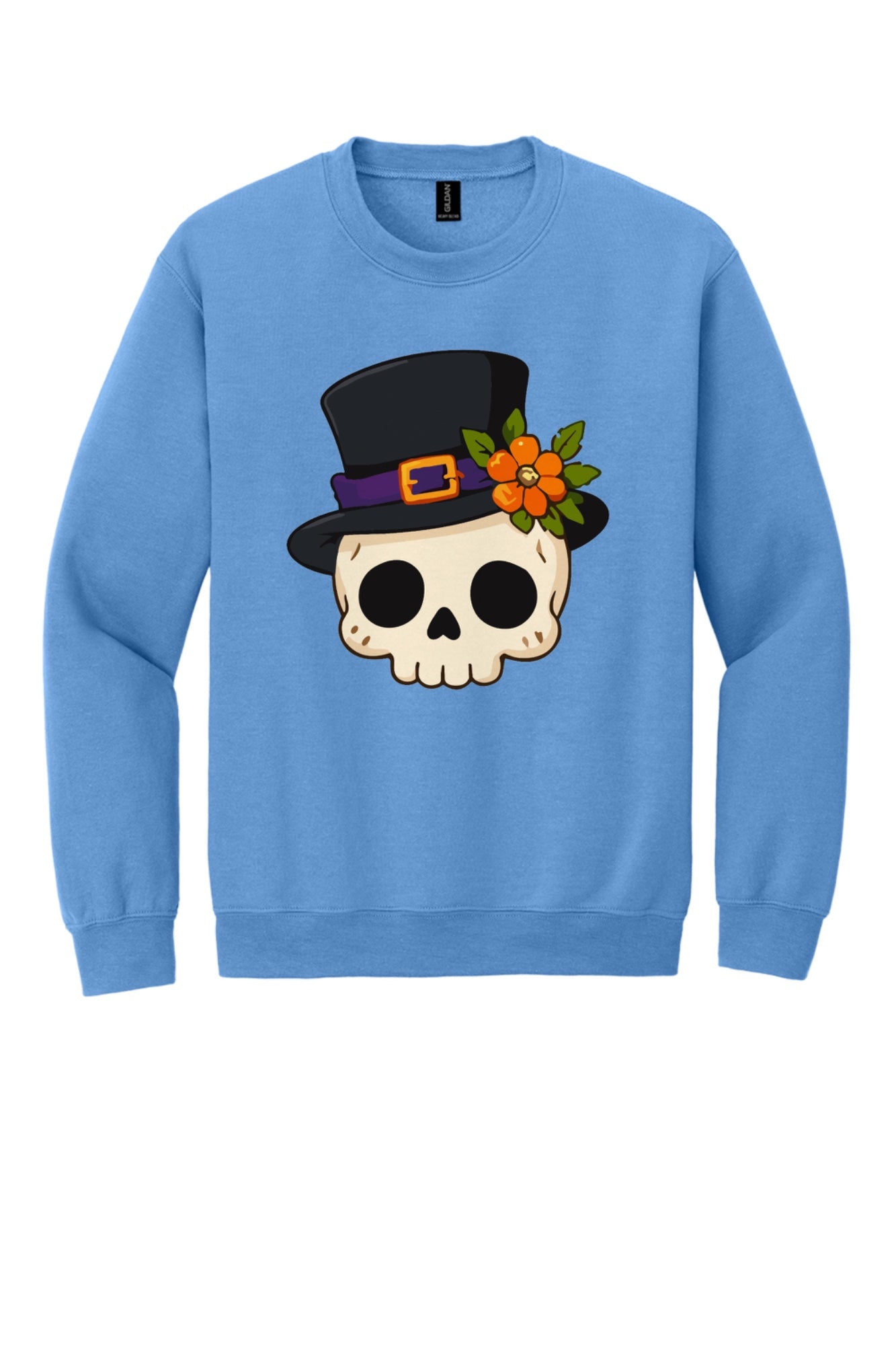 Halloween skull in black top hat with orange marigold printed on a Gildan crewneck sweatshirt in Carolina Blue