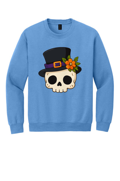 Halloween skull in black top hat with orange marigold printed on a Gildan crewneck sweatshirt in Carolina Blue