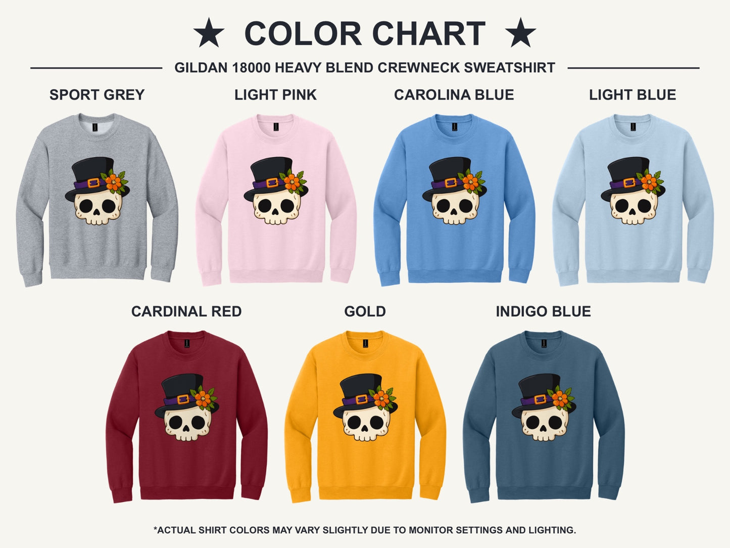 Halloween skull in black top hat with orange marigold printed on a Gildan crewneck sweatshirt - available shirt colors chart