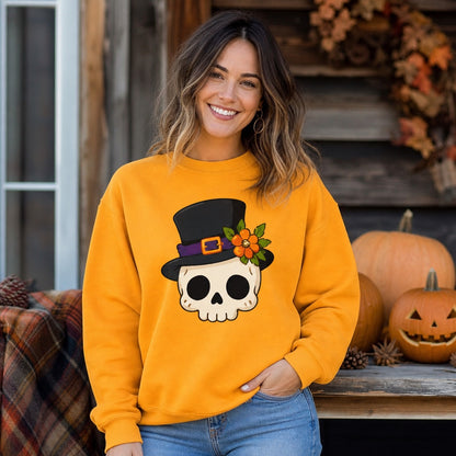 Halloween skull in black top hat with orange marigold printed on a Gildan crewneck sweatshirt worn by a model