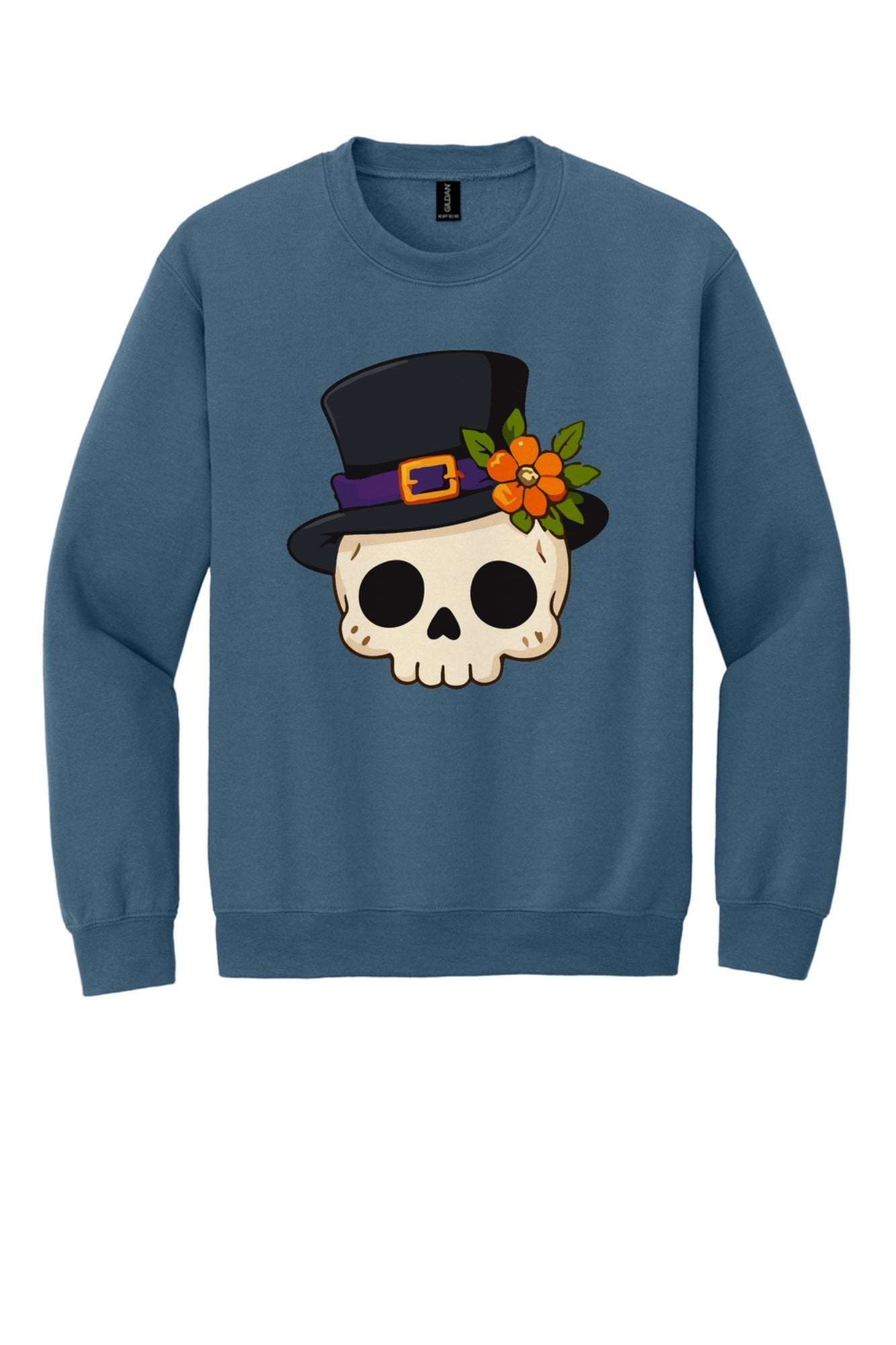 Halloween skull in black top hat with orange marigold printed on a Gildan crewneck sweatshirt in Indigo Blue