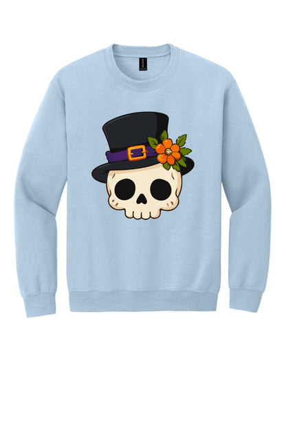 Halloween skull in black top hat with orange marigold printed on a Gildan crewneck sweatshirt in Light Blue