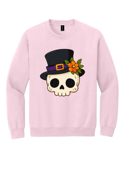 Halloween skull in black top hat with orange marigold printed on a Gildan crewneck sweatshirt in Light Pink