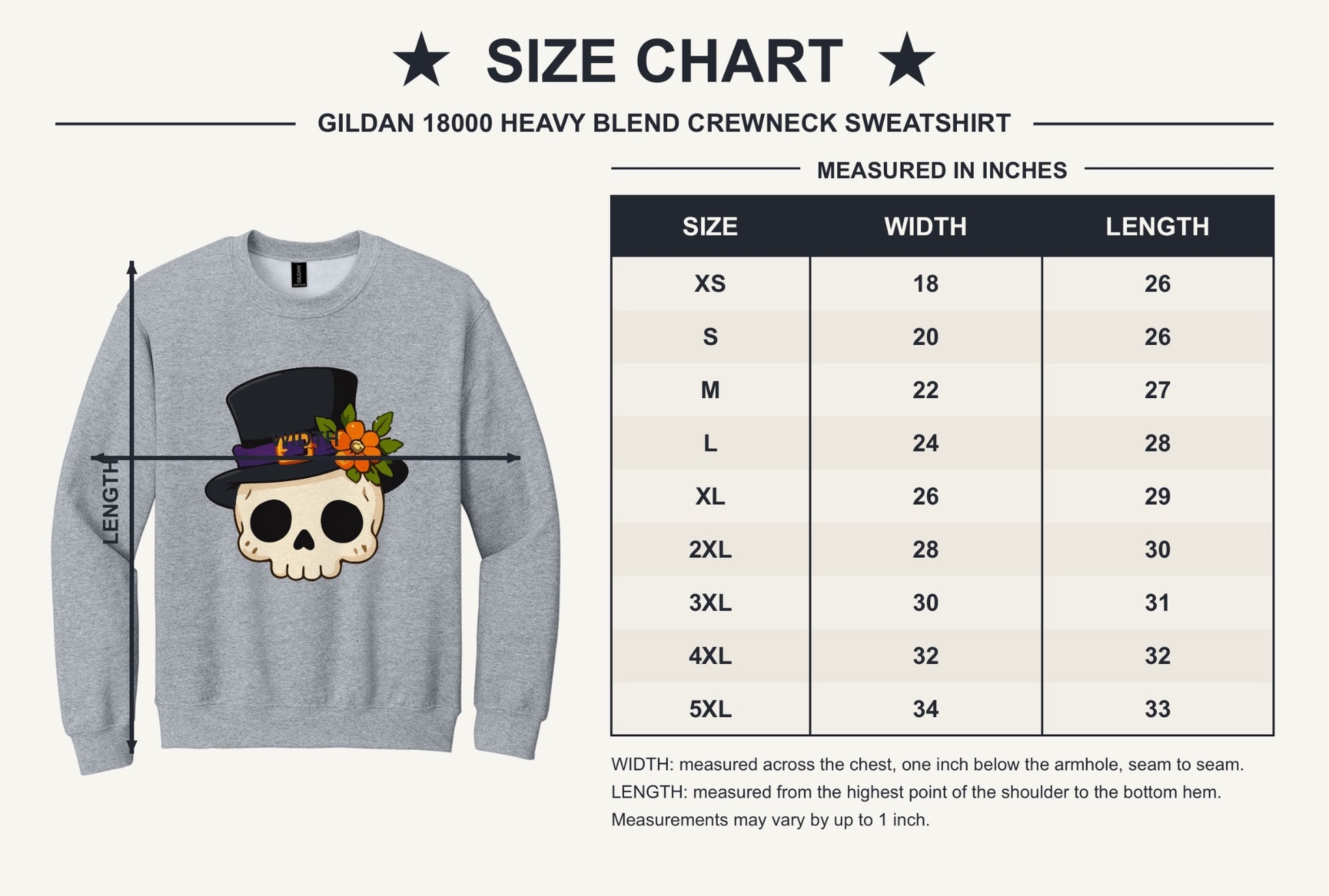 Halloween skull in black top hat with orange marigold printed on a Gildan crewneck sweatshirt - size chart
