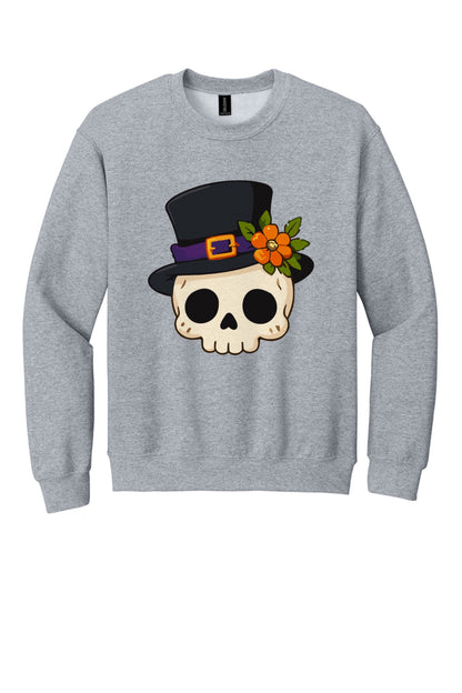 Halloween skull in black top hat with orange marigold printed on a Gildan crewneck sweatshirt in Sport Grey