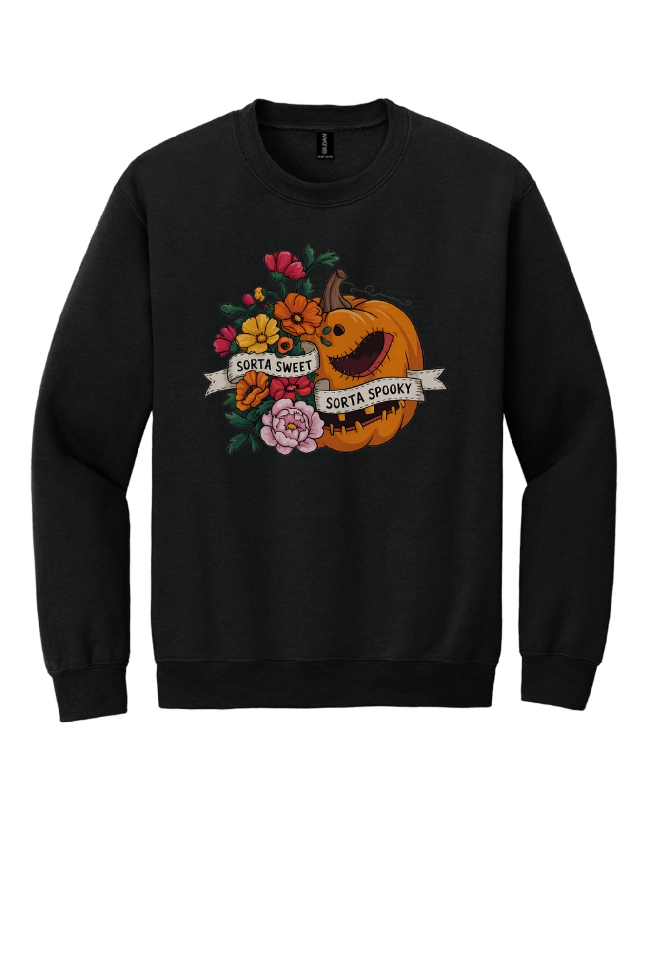 Sorta Sweet Sorta Spooky floral jack-o-lantern Halloween crewneck sweatshirt printed on Sand in Black